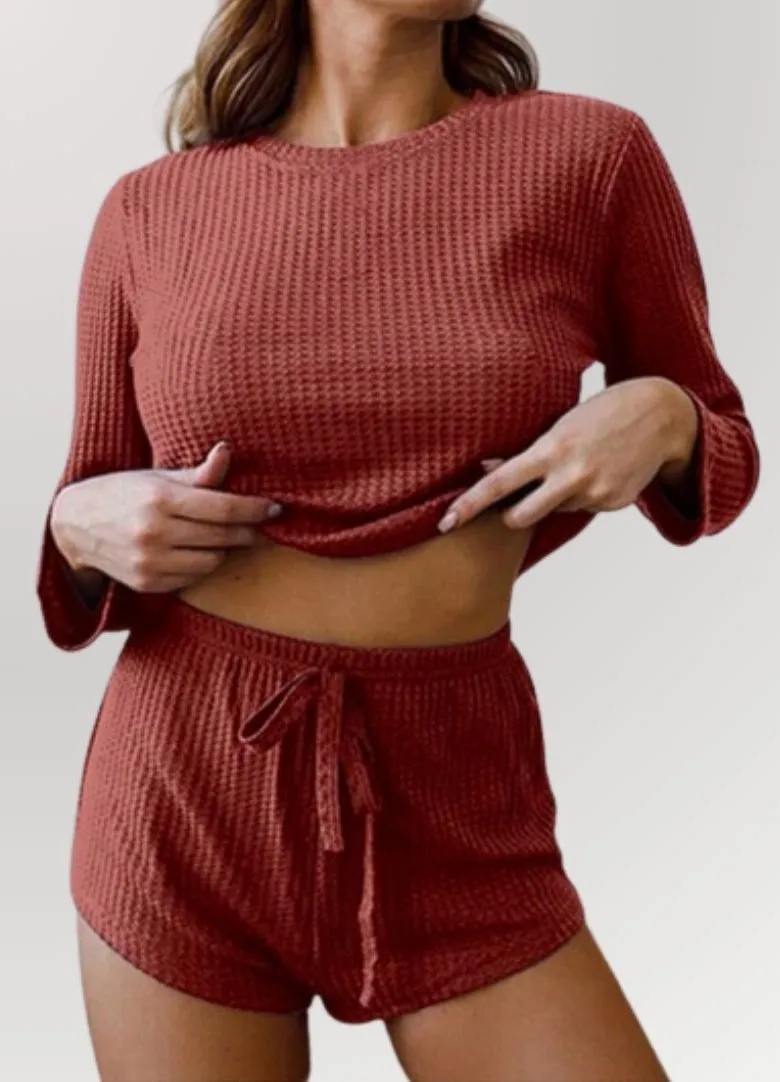 Crisp Morning Waffle Knit Long Sleeve Pajama Set