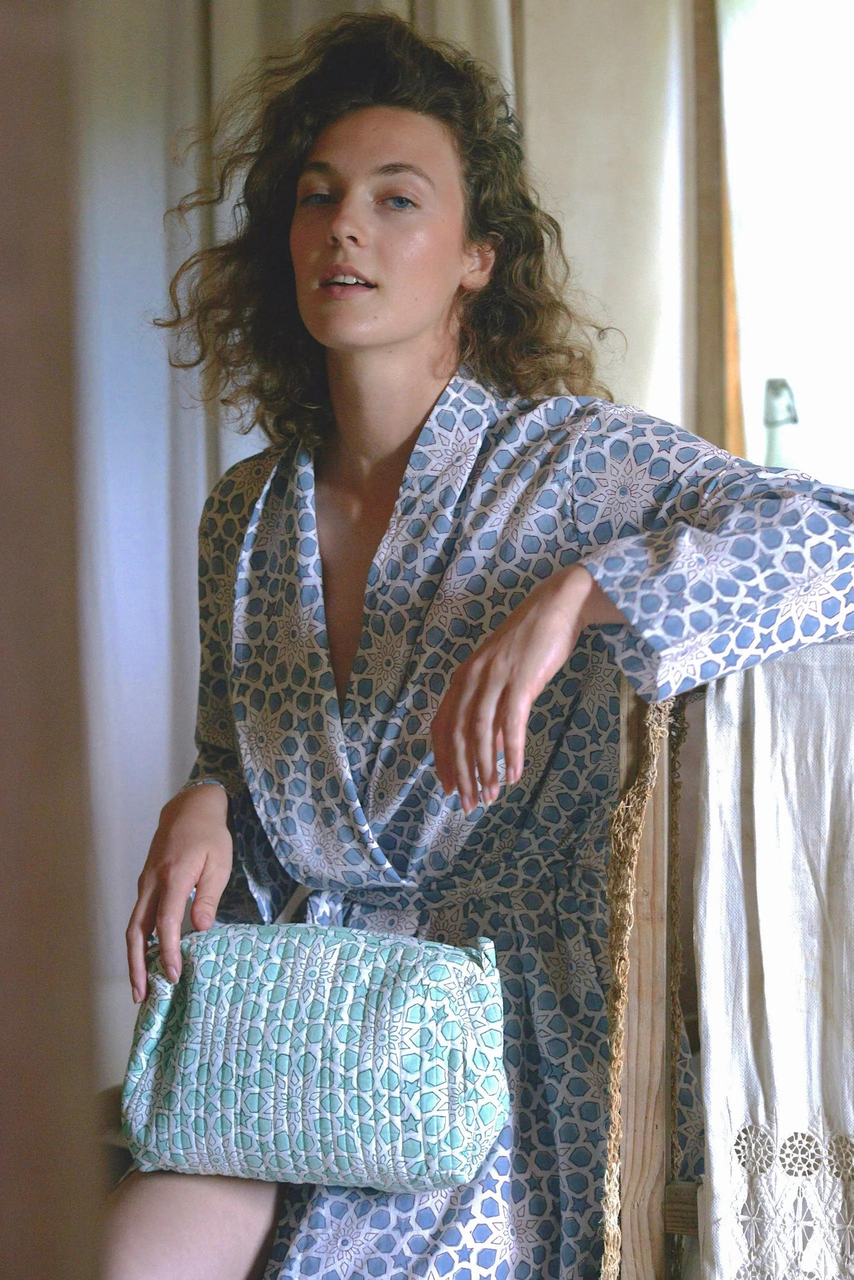 'Starry Nights' Block-printed Cotton Dressing Gown